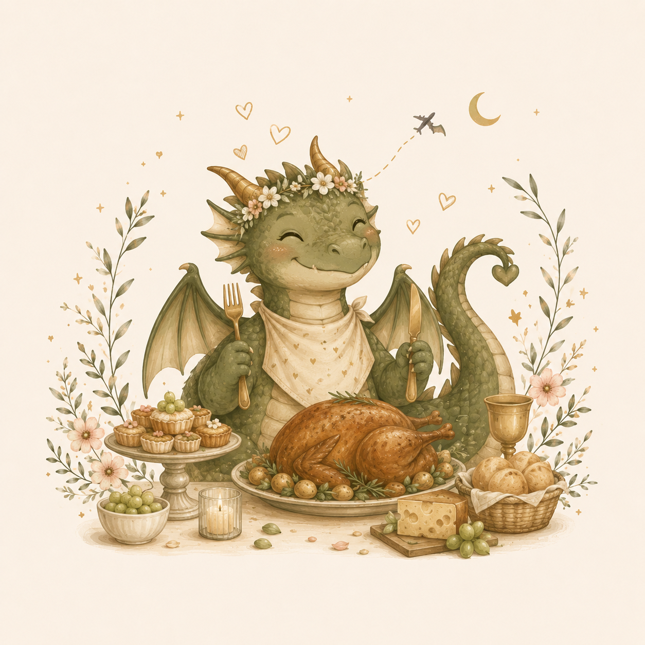 Dragão simpático diante de um banquete